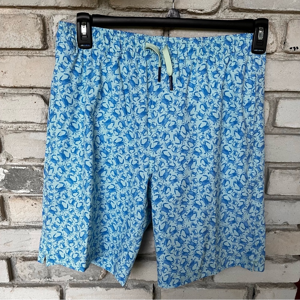 Southern tide boy mist green blue crabby swim trunk.